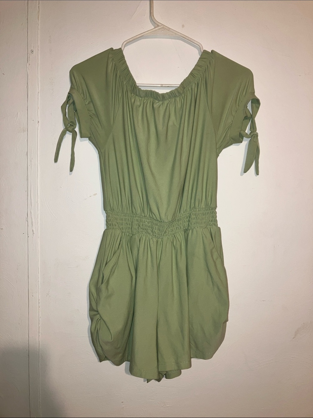 Derek Heart Olive Green Short Sleeve Smocked Waist Romper